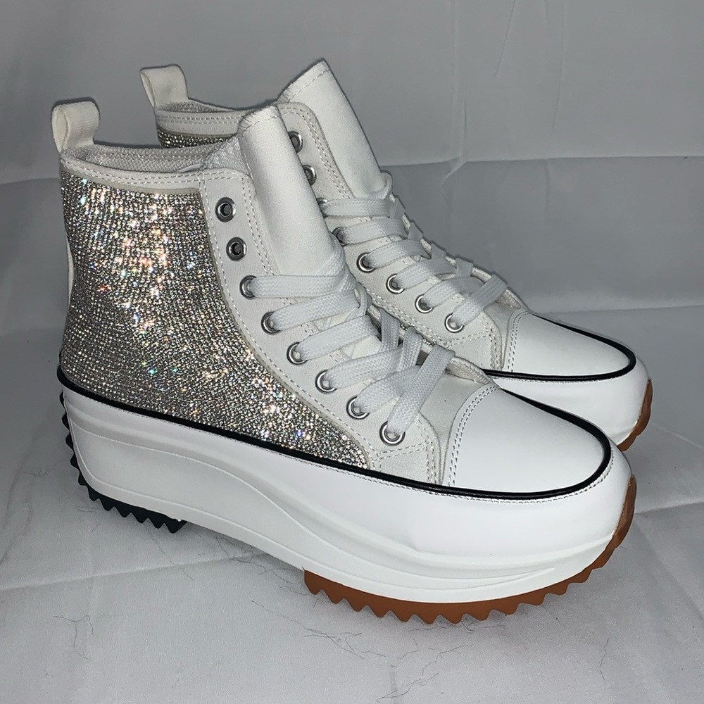 SILVER RHINESTONE HIGH TOP CANVAS SNEAKERS - Picture 2 of 6
